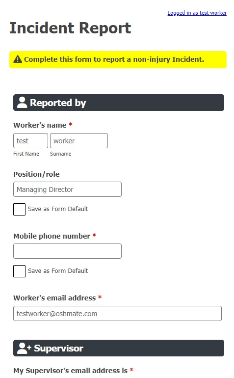 Screenshot of Incident form