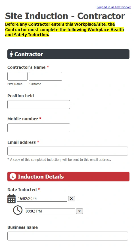 Screenshot of Induction form