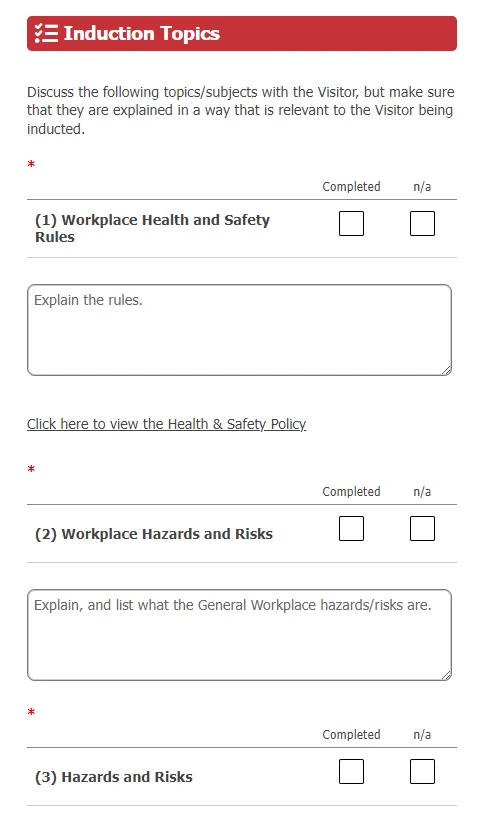 Screenshot of Induction form