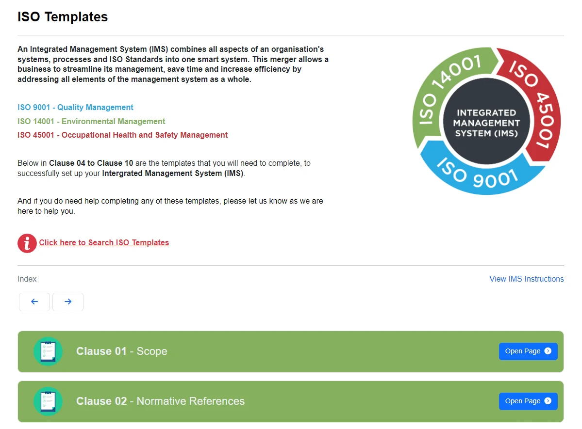 Screenshot of ISO Templates index