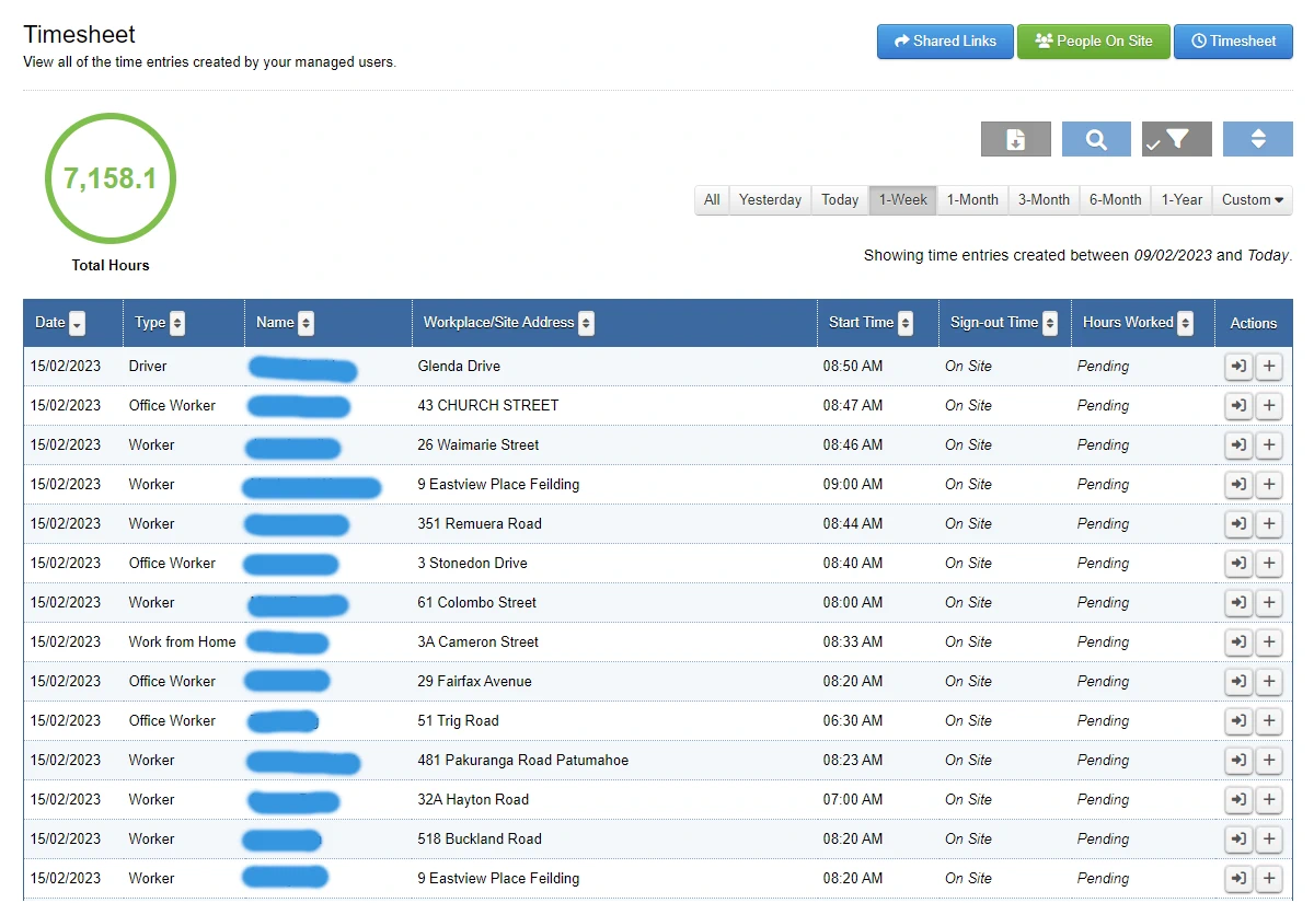 Screenshot of Timesheet Register