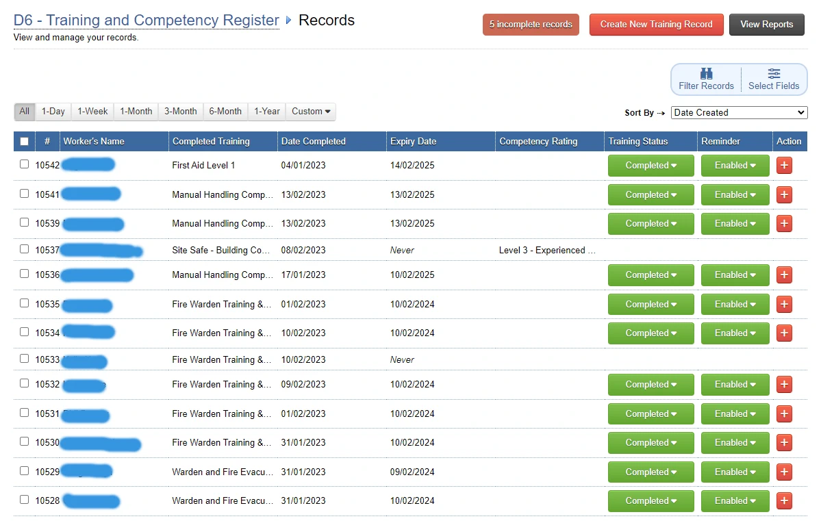 Screenshot of Training Records Register