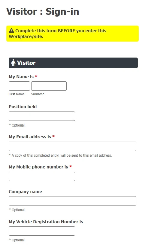 Screenshot of Visitor Sign-in form